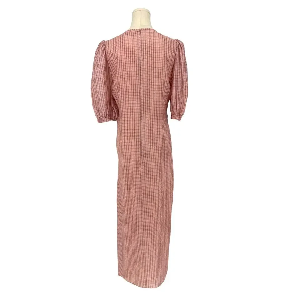 Zara Maxi Dress Micro Plaid Light Pink Puff Sleeve Milk Maid M Boho Tradwife